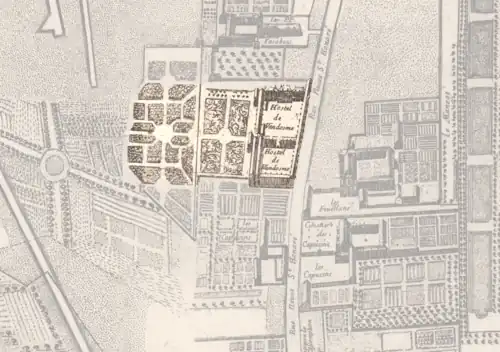 Espace choisi pour la place Louis-le-Grand en 1676, avant sa construction. Il est surtout occupé par l'hôtel de Vendôme, qui donnant informellement son nom à la place, sera par la suite détruit. Plan de Paris de François Blondel et Pierre Bullet (l'architecte de l'hôtel d'Évreux), 1676. Le nord est à gauche.