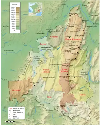 Carte de la topographie et des régions du Vercors