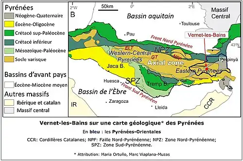 Vernet-les-Bains sur une carte géologique des Pyrénées.