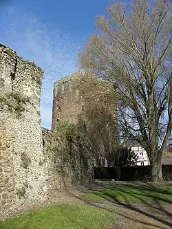 Au premier plan à gauche, des ruines de plusieurs mètres, au centre et au loin une tour légèrement cachée à droite par un arbre.