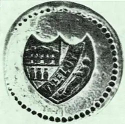 Cachet de la verrerie Vieille-Loye, représentant un souffleur et un four à recuite, fin XIXe&nbsp;siècle.