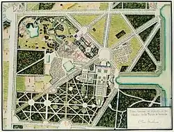 Plan général du Trianon et du Jardin de la Reine à Versailles au XIXe&nbsp;siècle, suivant une orientation sud-nord.