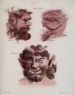 Dessin de trois portraits d'incube. Un profil doit, dénommé Theutus, est prognate, barbu, avec oreille en pointe et corne émergeant d'une chevelure bouclée ; un autre, gauche, nommé Asmodeus, bouche ouverte, rappelle le profil d'un félin. En dessous, l'Incubus est représenté de face, souriant, grande oreilles pointues, avec barbe et cheveux bouclés dont émergent à partir du centre deux cornes couchées.