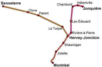 Lignes de train : L'Abitibi en jaune et Saguenay en rouge.