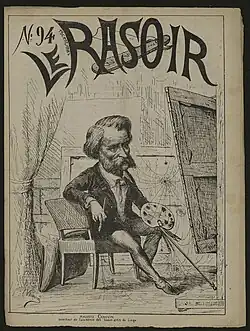 Caricature d'un homme barbu, le peintre Auguste Chauvin, assis sur une chaise tenant sa palette et ses pinceaux face à une toile dans une salle remplie de toiles d'araignées.
