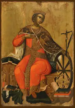 Peinture sur fond doré d'une jeune femme assise, la tête tournée vers la gauche.