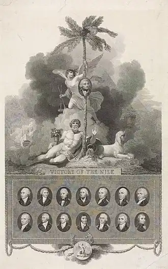 Gravure en noir et blanc des principaux acteurs britanniques de la bataille, la plupart sous forme de portrait sous le titre Victory of the Nile.