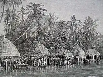 Dessin du Village de Mala sur la pointe Mayo de l'île Nancowry - 1870