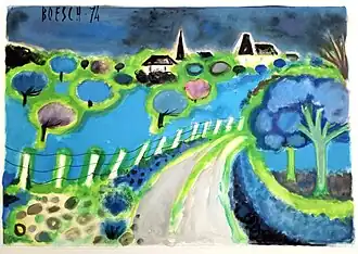 Village onirique, aquarelle sur papier, 50&nbsp;×&nbsp;65&nbsp;cm, conservé au musée Bernard-Boesch, 1974.