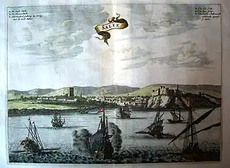 La gravure fait apparaître à gauche (donc sur la rive droite de l'embouchure du Bouregreg) la ville de Salé ("Salé-le-Vieil"), et à droite de l'image (donc sur la rive gauche), « Salé-le-Neuf », le futur Rabat.