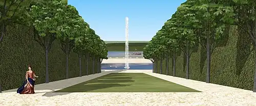 Vue depuis le petit escalier bas, avec le jeu visuel entre le bassin et la Marne.