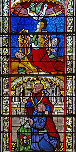 En partie inférieure, d'Augié présenté par saint Jacques. Au-dessus, martyre de sainte Catherine d'Alexandrie avec un ange