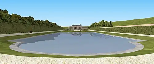 Restitution de la vue depuis le bout du miroir d'eau du château de Villennes, fin XVIIe siècle.