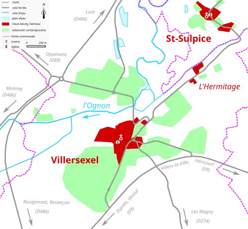 Vue d'une carte en couleur représentant les étapes de développement du bâti d'un bourg.