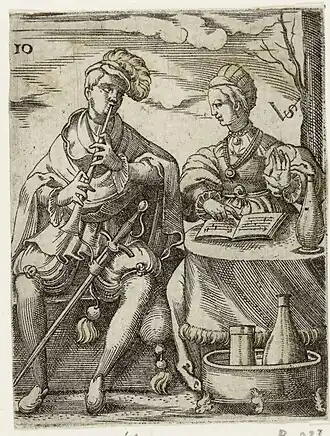 4. Les deux musiciens, vers 1545, estampe, 58&nbsp;×&nbsp;46&nbsp;mm, no&nbsp;10 de la série Danseurs et musiciens, Rijksmuseum, Amsterdam.