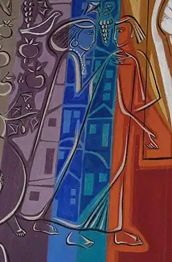 Cantique des cantiques au Monastère de la Vierge à Petropolis, par Claudio Pastro : la silhouette stylisée des deux amants dans une débauche de couleurs et autres traits