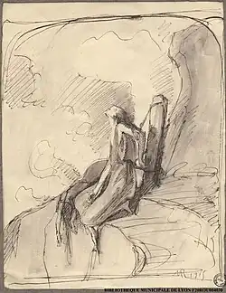 Estampe de Marcel Roux. Aquarelle représentant une femme enchaînée à un poteau dans un paysage rocheux