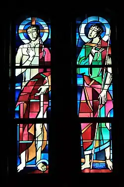 Basilique de Koekelberg, fonds baptismaux, vitrail signé M. Hizette et J. Colpaert, 1957