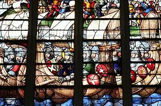 Détail d'un vitrail relatant la vie de Saint-Louis.