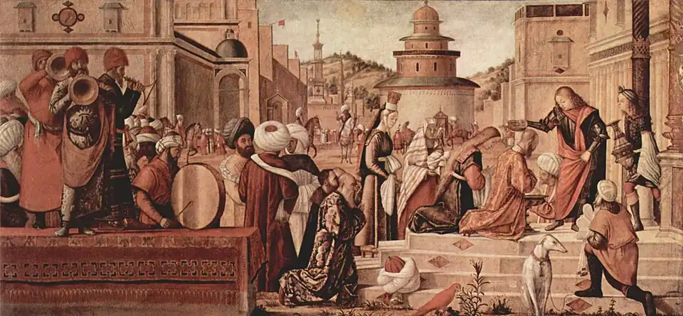 Saint Georges baptisant les Silénites, 141&nbsp;×&nbsp;285&nbsp;cm, 1507, huile sur toile, Scuola di San Giorgio, Venise.