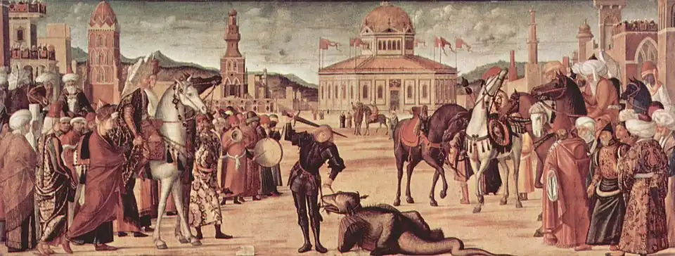 Triomphe de saint Georges, 141&nbsp;×&nbsp;360&nbsp;cm, huile sur toile, Scuola di San Giorgio, Venise.