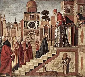 Présentation de la Vierge au Temple, 130&nbsp;×&nbsp;137&nbsp;cm, huile sur toile, Pinacothèque de Brera, Milan.