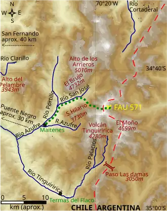 A topographic map of the area surrounding the plane crash site with Parrado and Canessa's route marked.
