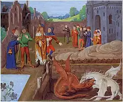 Un groupe de personnes dans un château, dont un roi, regarde un dragon rouge et un dragon blanc se battre.