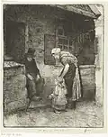 Une femme avec un petit enfant se tient à côté d'un vieil homme assis devant la maison d'un ouvrier. (eau-forte).
