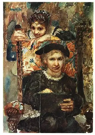 Hamlet et Ophélie, première esquisse du tableau du même titre au Musée russe. Aquarelle sur papier 24,4&nbsp;×&nbsp;16,7&nbsp;cm (1883).