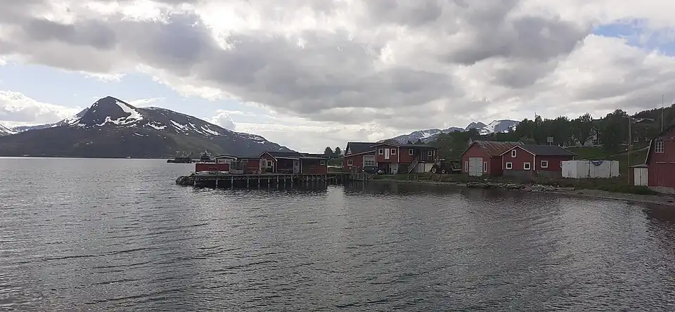 Vue de Hansnes devant Reinskartinden de l'autre coté du Langsundet.