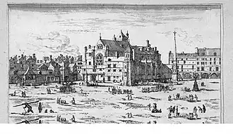 L'église et le cimetière des Saints-Innocents avant 1655. .mw-parser-output div.NavFrame{background-color:var(--background-color-base,#fff);border:1px var(--border-color-base,#a2a9b1);border-style:solid;margin-bottom:1em;clear:both}.mw-parser-output div.NavFrame div.NavHead{min-height:1.6em;font-weight:bold;background-color:#efefef;color:var(--color-emphasized,#000);text-align:center}.mw-parser-output div.NavContent{display:block;margin:0;text-align:left}body:not(.mw-mf) .mw-parser-output div.NavFrame{padding:2px;text-align:center;border-collapse:collapse;font-size:95%}body:not(.mw-mf) .mw-parser-output div.NavPic{padding:2px;float:left}body:not(.mw-mf) .mw-parser-output div.NavEnd{height:0;clear:both}@media screen{html.skin-theme-clientpref-night .mw-parser-output div.NavFrame div.NavHead{background-color:#27292d}html.skin-theme-clientpref-night .mw-parser-output table div.NavFrame a{color:#88a3e8}html.skin-theme-clientpref-night .mw-parser-output table div.NavFrame a.new{color:#fd7865}}@media screen and (prefers-color-scheme:dark){html.skin-theme-clientpref-os .mw-parser-output div.NavFrame div.NavHead{background-color:#27292d}html.skin-theme-clientpref-os .mw-parser-output table div.NavFrame a{color:#88a3e8}html.skin-theme-clientpref-os .mw-parser-output table div.NavFrame a.new{color:#fd7865}}  Détails de l'image  On reconnaît sur la gauche le Vieux charnier et au fond, bordant la rue Saint-Denis, l’église des Saints-Innocents et le petit charnier. Au premier plan, au centre, le prêchoir et sur la droite la tour Notre-Dame des Bois, reconnaissable à sa forme octogonale, se trouvaient sur l’actuel emplacement de la rue Pierre-Lescot. À l’extrême droite, on devine le long de la rue de la Ferronnerie, le début du charnier des Lingères. Une inhumation en fosse est représentée. La fontaine de Jean Goujon, est à gauche de la gravure. Elle n’y est pas visible car elle fait l'angle des rues aux Fers et Saint-Denis. Elle est donc en dehors du cimetière et adossée à l'église. &nbsp;