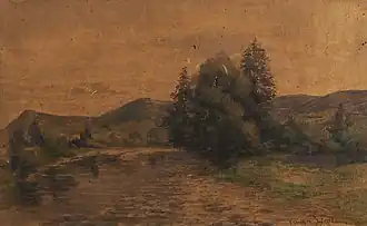 Vue du Furon vers le Rolandière par Eugénie Gruyer-Brielman. Aquarelle signée en bas à droite. 20,5 x 33,5 cm.