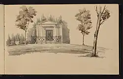 Dessin du Père-Lachaise réalisé par Prosper Morey durant ses études aux Beaux-Arts de Paris. Folio 2 de l'album de dessin de Prosper Morey. Nancy, Bibliothèques de Nancy, Ms. 1864.