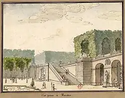 Vue prise à Meudon : l'escalier et le Petit Pont. Fin du XVIIIe&nbsp;siècle. par Thiery de Sainte-Colombe, INHA.