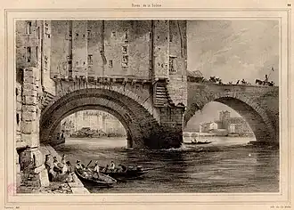 Lithographie de 1835 du pont du Change d'après un dessin de Paulus Lauters (1806-1875).