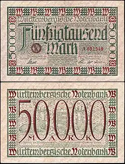 Billet de banque de 50 000 marks d'hyperinflation de la république de Weimar, pour l'État libre populaire de Wurtemberg, en 1923.