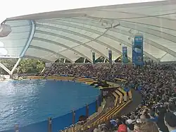 Vue du bassin des orques depuis les gradins.