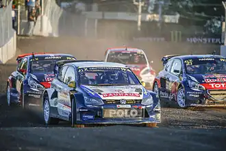 Johan Kristoffersson conduit devant Davy Jeanney, Timmy Hansen et Reinis Nitišs au Round 7 du Championnat du Monde de Rallycross 2015 au Circuit de Trois-Rivières, Canada.