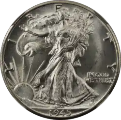 Pièce de monnaie avec une représentation allégorique de la Liberté en train de marcher.