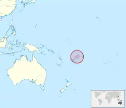 Carte de l'Océanie montrant l'Australie, les côtes de la Chine, du Japon (à gauche), et au milieu de la carte un cercle rouge entourant la localisation de Wallis-et-Futuna.
