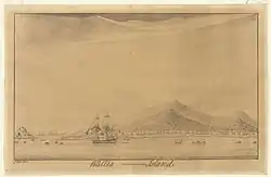 Sur ce dessin réalisé par Samuel Wallis vers 1767, Nukufotu est l'îlot rocheux tout à gauche.