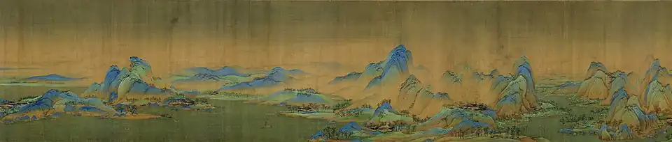 Détail de Mille lis de rivières et montagnes. Wang Ximeng, 1113, Song du Nord, rouleau portatif, encre et couleurs sur soie, 51,5&nbsp;×&nbsp;1&nbsp;191,5&nbsp;cm. Musée du Palais, Pékin.