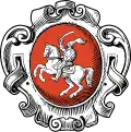 Blason ovale rouge portant un chevalier blanc, heaume rabattu, muni d'une épée et d'un bouclier de même couleur, sur un cheval également blanc.