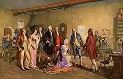 Peinture représentant cinq hommes et deux femmes qui regardent un autre homme, de dos, leur présenter des pièces de monnaie.