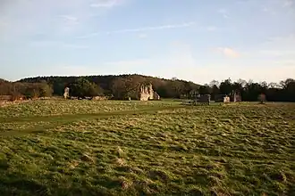 Photographie couleur de ruines dans un paysage rural peu vallonné.