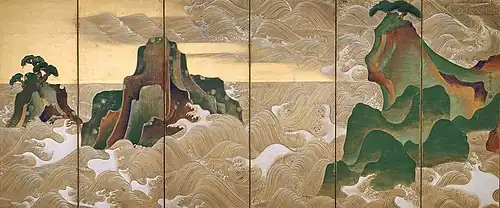 Ogata Kōrin. Vagues à Matsushima. paravent à 6 feuilles. Encre, couleurs et or sur papier.1,50 x 3,67 m.Museum of Fine Arts Boston.
