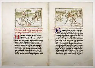 Extrait du Livre de Gerard de Nevers - Jean de Wavrin (début du XVe&nbsp;siècle) - Bibliothèque royale de Belgique - ms 9631 - f.21v et f.20