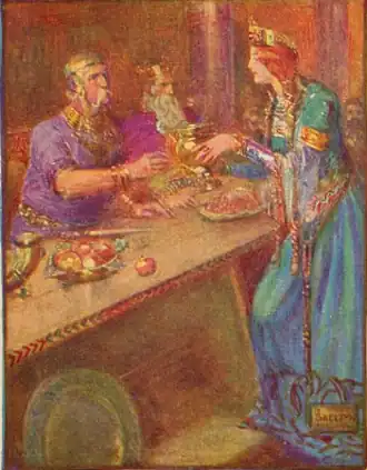 La reine Wealhtheow servant son époux Hrothgar (illustration de J. R. Skelton, 1908).