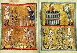 Culture de la vigne et fabrication du vin, enluminures d'un psautier, vers 1180.